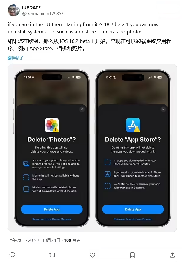 东平苹果手机维修分享iOS 18.2 支持删除 App Store 应用商店 