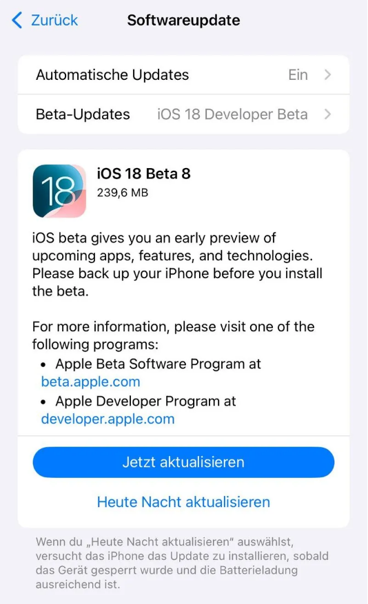 东平苹果手机维修分享苹果 iOS / iPadOS 18 开发者预览版 Beta 8 发布 